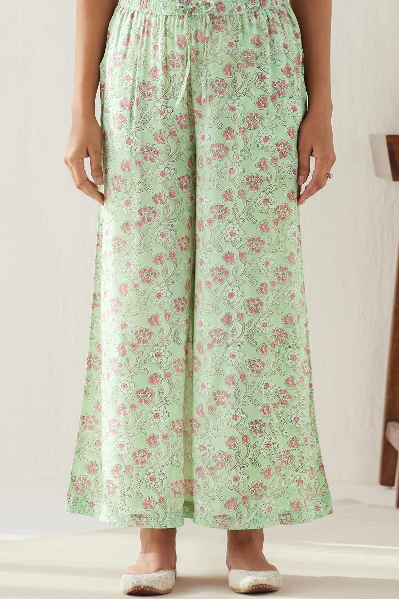 Green Hand Block Printed Modal Palazzos