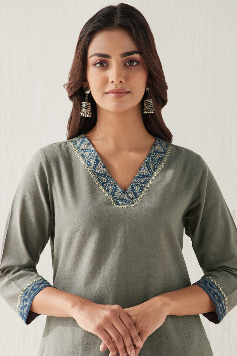 Grey Hand Block Printed Straight Handloom Kurta