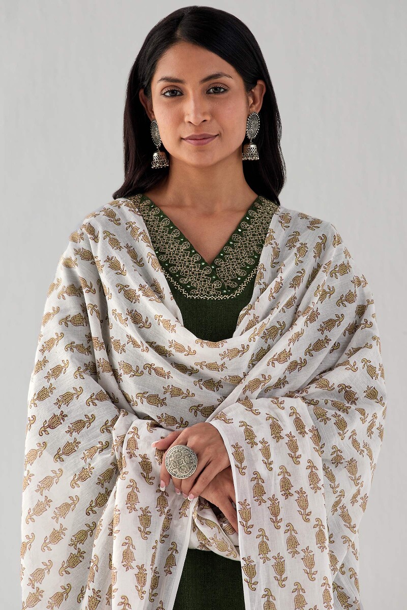 White Hand Block Printed Cotton Mul Dupatta
