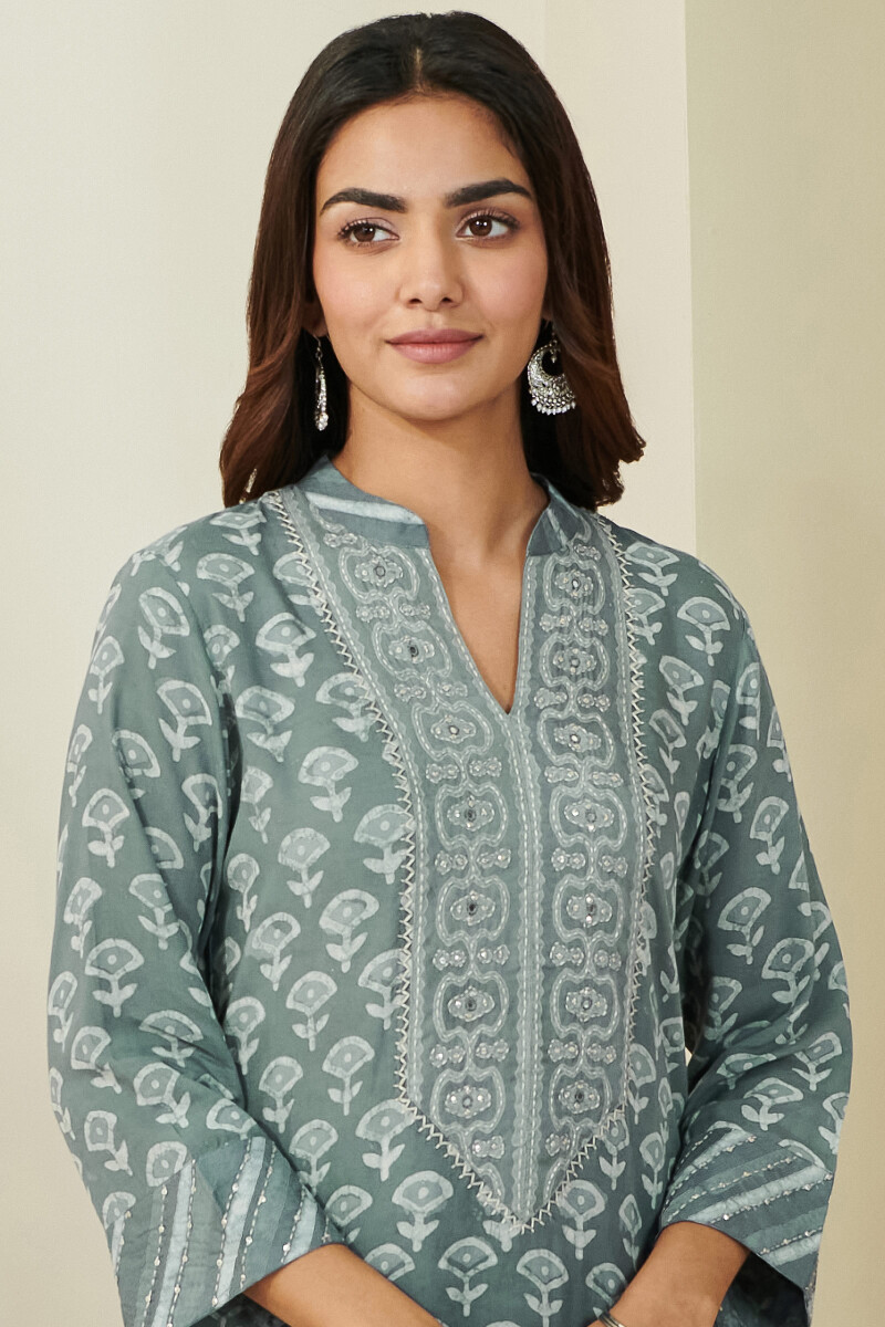 Grey Hand Block Printed Straight Modal Kurta