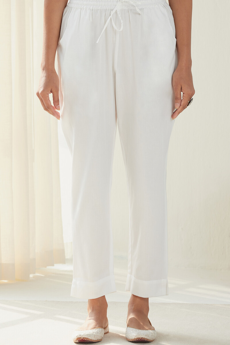 White Handcrafted Vegan Silk Narrow Pants