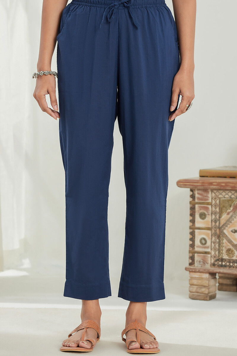 Blue Handcrafted Cotton Narrow Pants