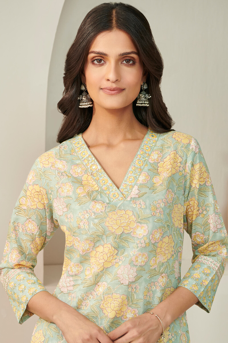 Blue Hand Block Printed Straight Cotton Kurta