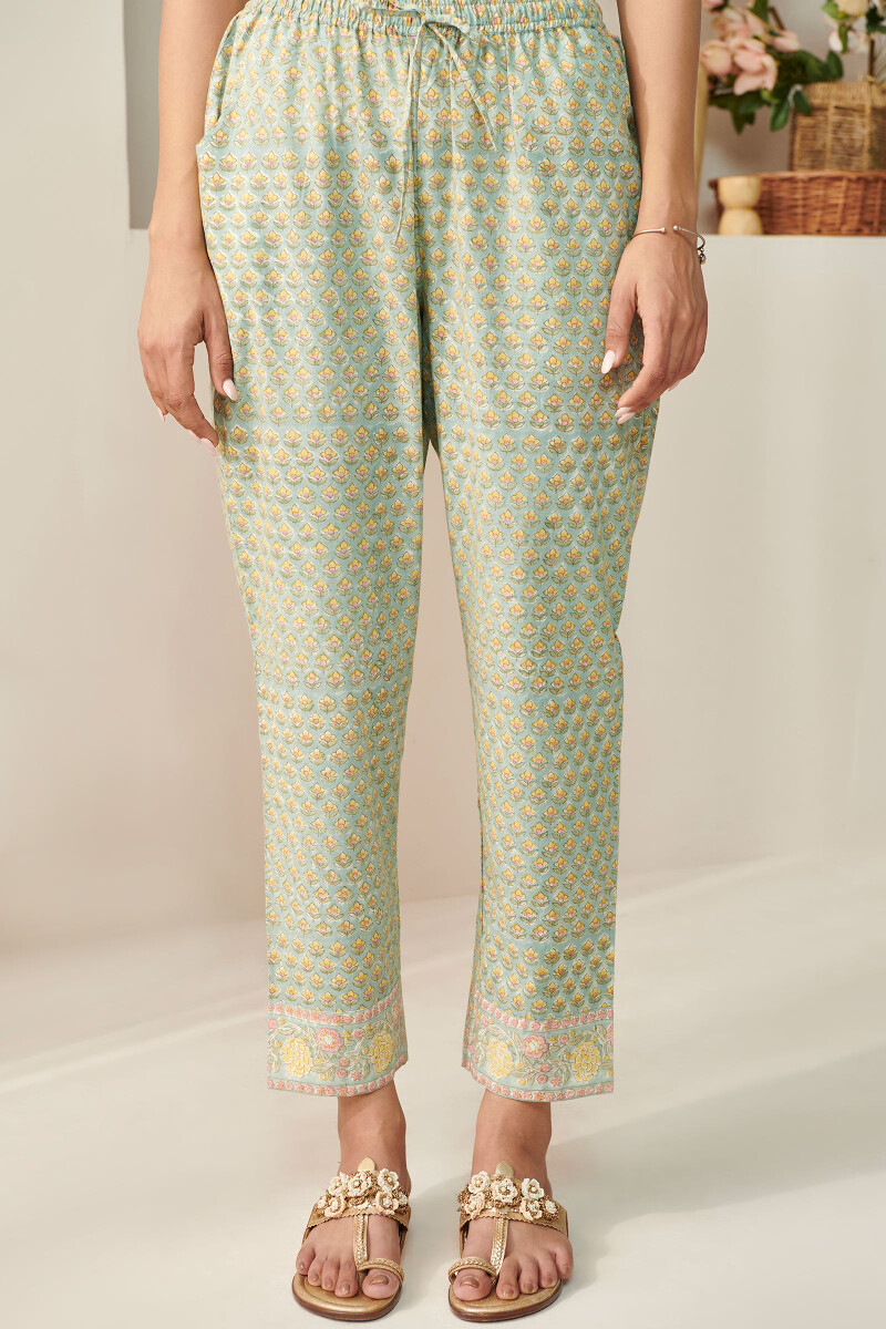 Blue Hand Block Printed Cotton Narrow Pants