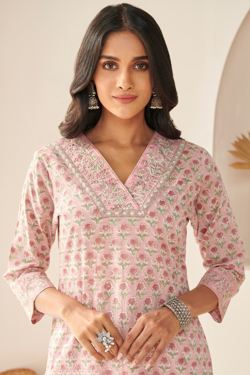 Pink Hand Block Printed Straight Cotton Mul Kurta