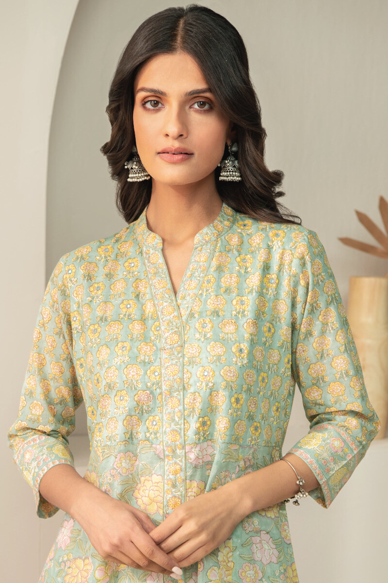 Blue Hand Block Printed A-Line Cotton Mul Kurta