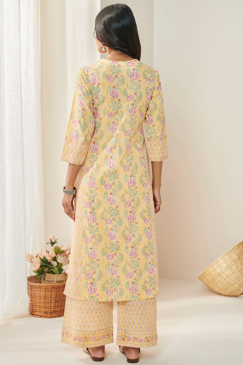 Yellow Hand Block Printed Straight Cotton Slub Kurta