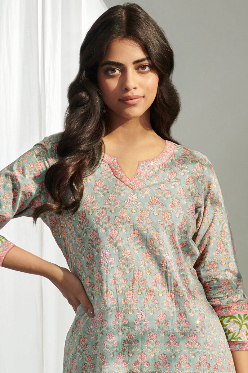 Grey Hand Block Printed Straight Cotton Kurta