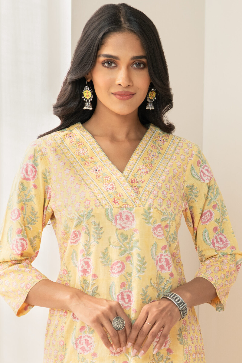 Yellow Hand Block Printed Straight Cotton Slub Kurta