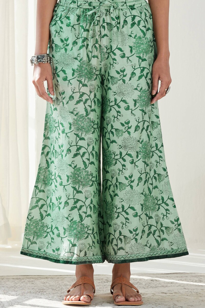 Green Hand Block Printed Chanderi Palazzos