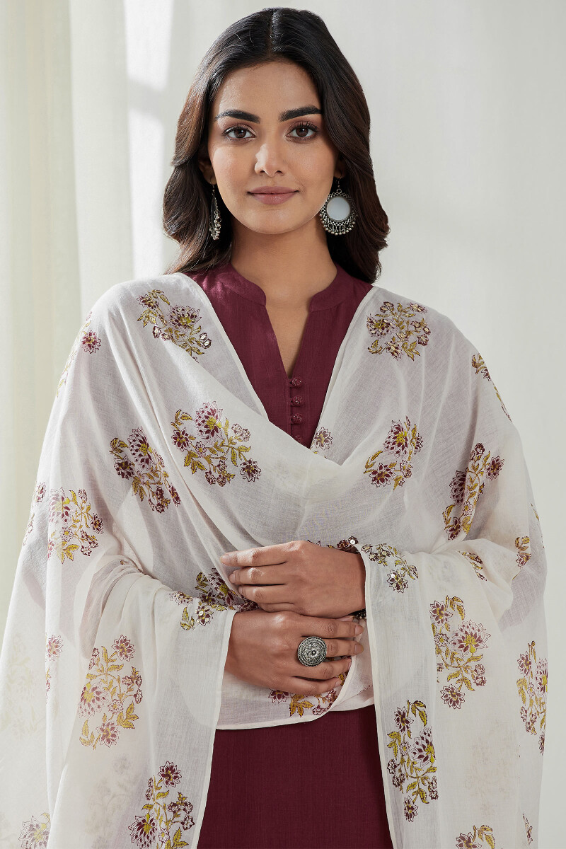 Beige Hand Block Printed Cotton Mul Dupatta
