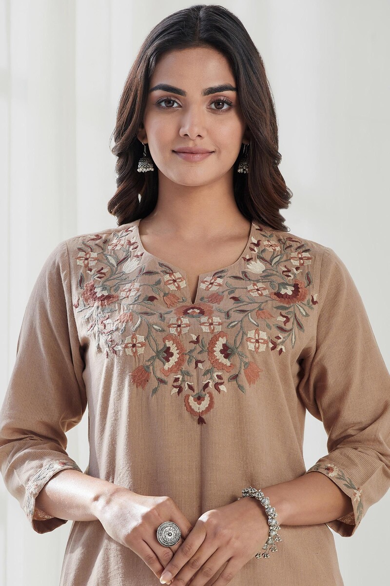 Beige Handcrafted Straight Handloom Kurta