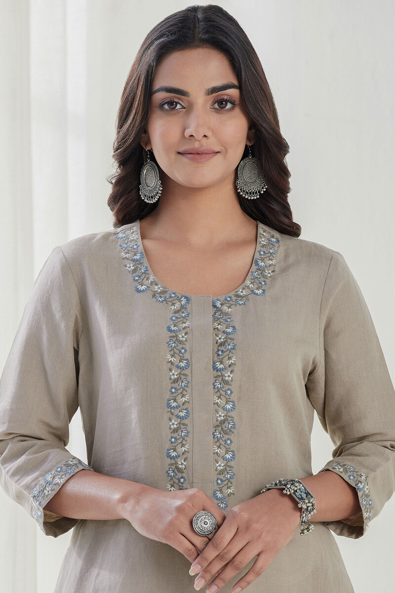 Beige Handcrafted Straight Cotton Linen Kurta