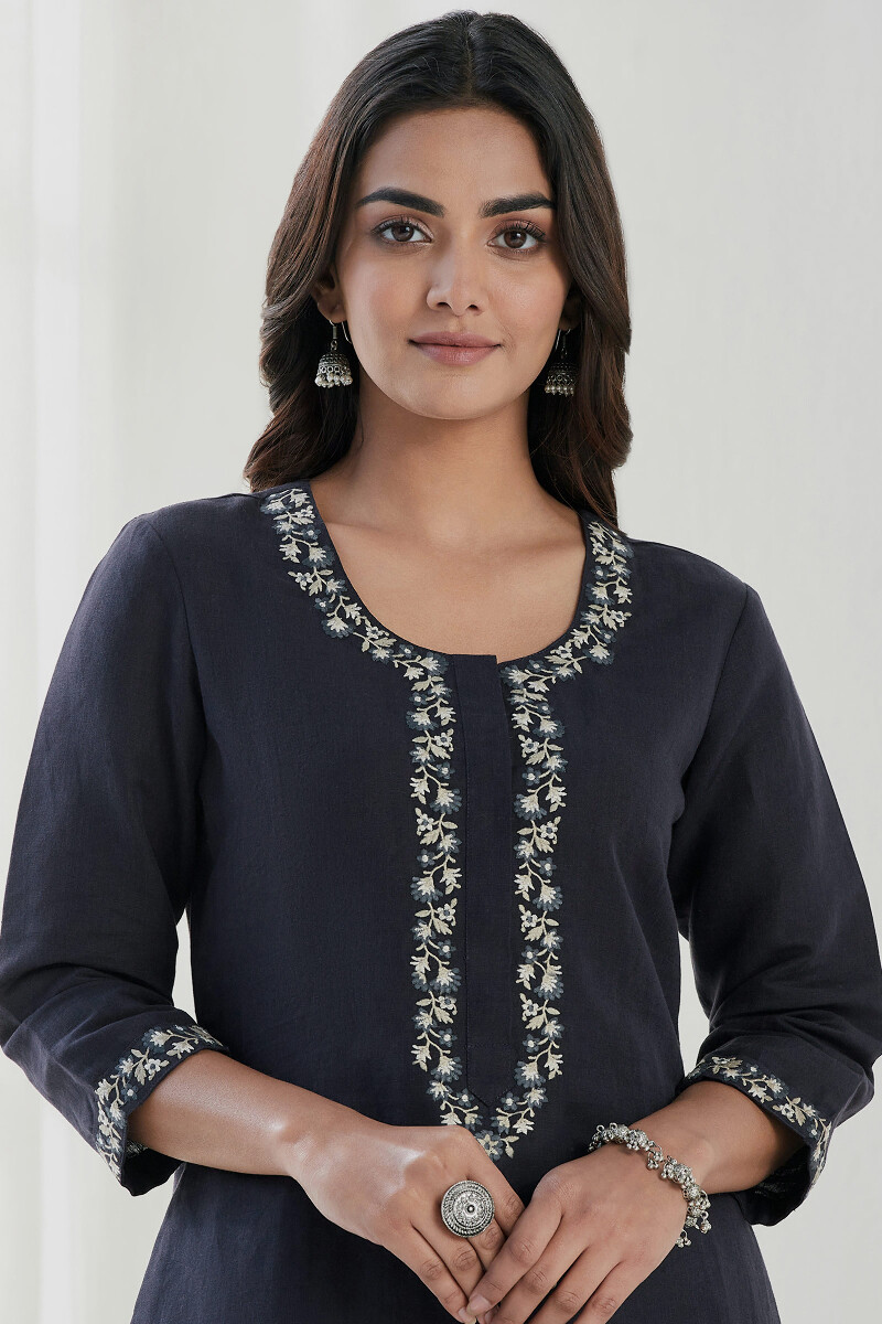 Blue Handcrafted Straight Cotton Linen Kurta