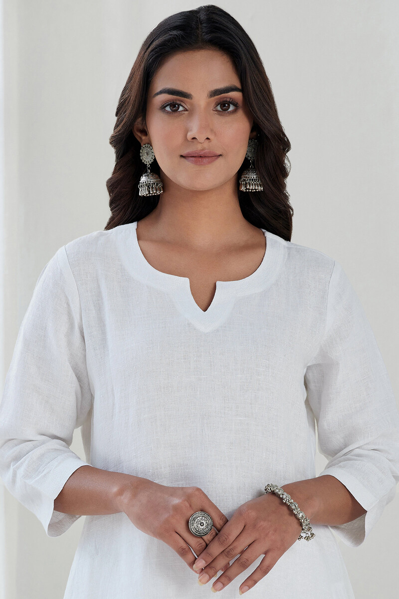 White Handcrafted Straight Linen Kurta
