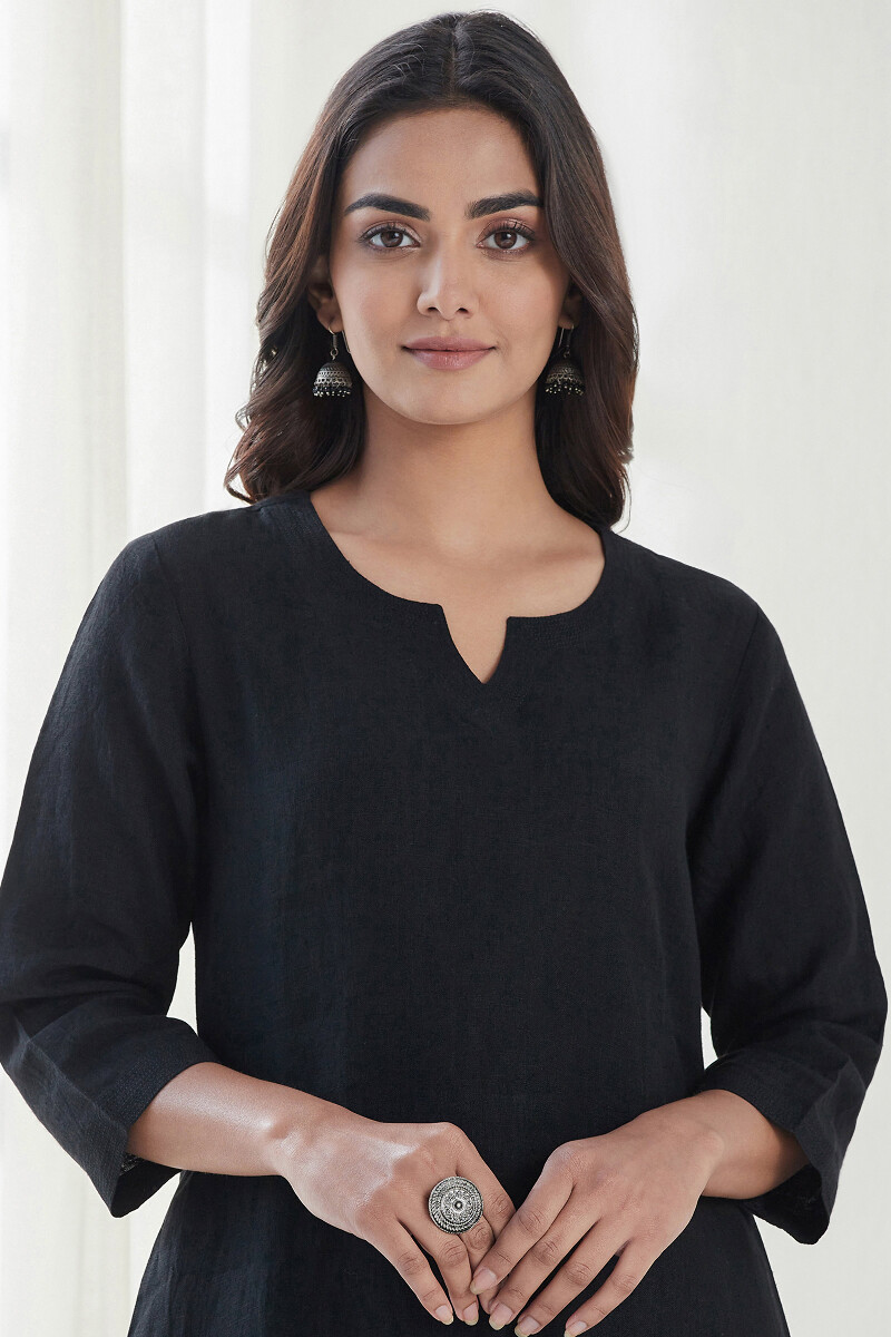 Black Handcrafted Straight Linen Kurta