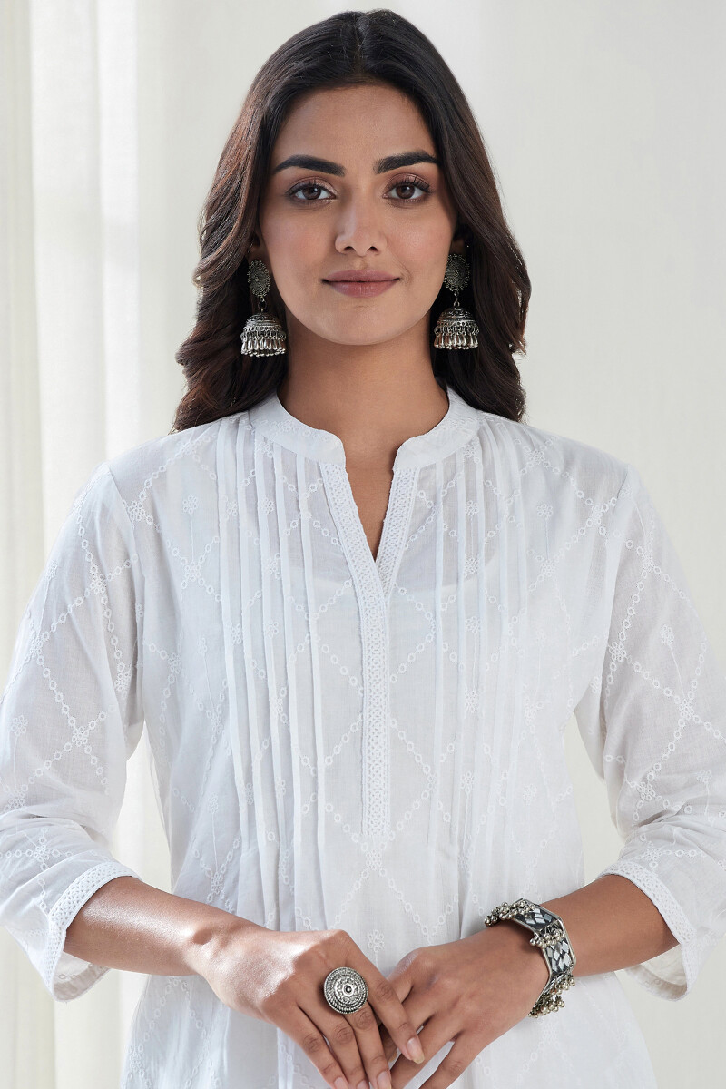 White Handcrafted Straight Cotton Kurta