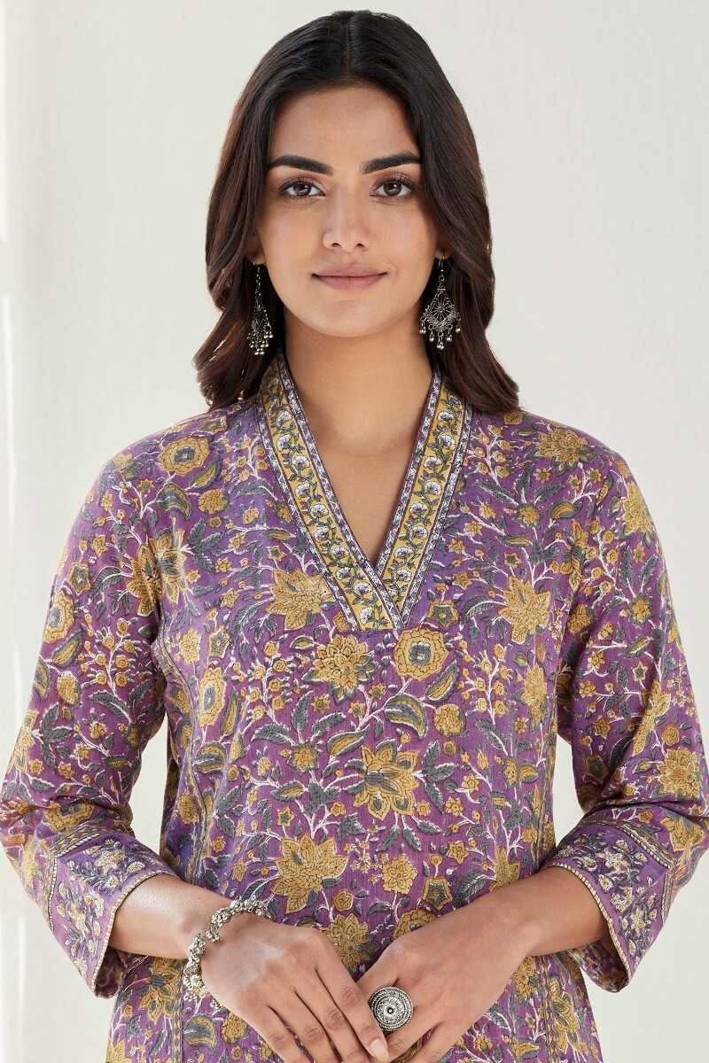 Purple Hand Block Printed Straight Cotton Slub Kurta