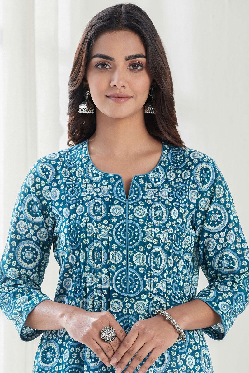 Blue Hand Block Printed Straight Cotton Kurta