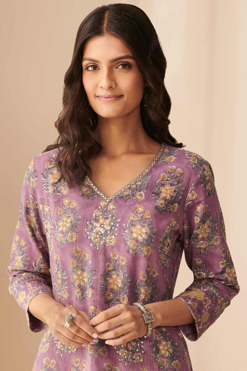 Purple Hand Block Printed Straight Cotton Slub Kurta