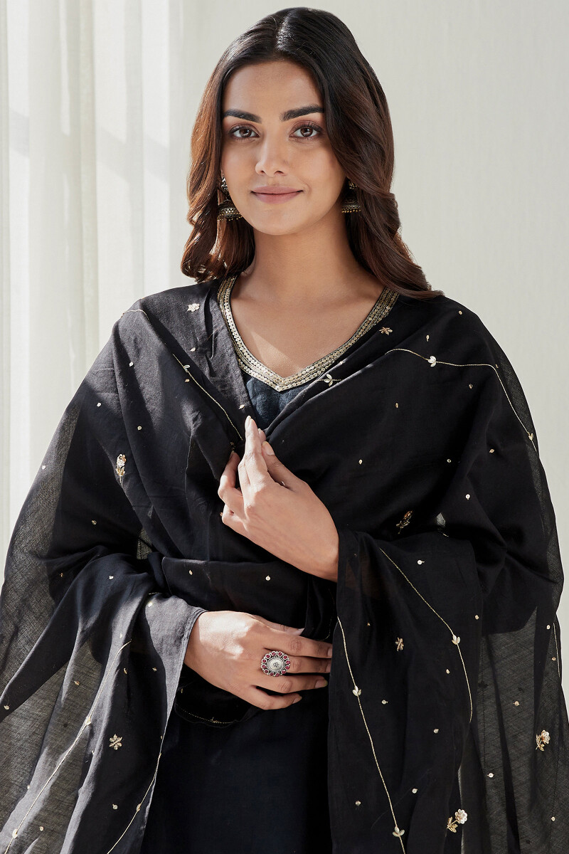 Black Handcrafted Cotton Silk Dupatta