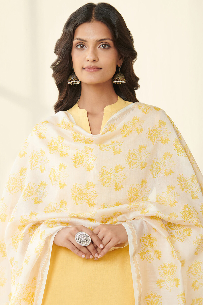 Off-White Hand Block Printed Chanderi Dupatta