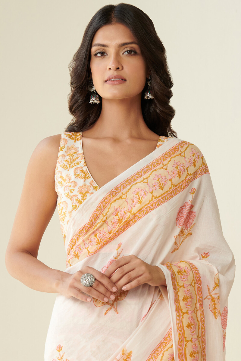 Off-White Hand Block Printed Cotton Silk Saree