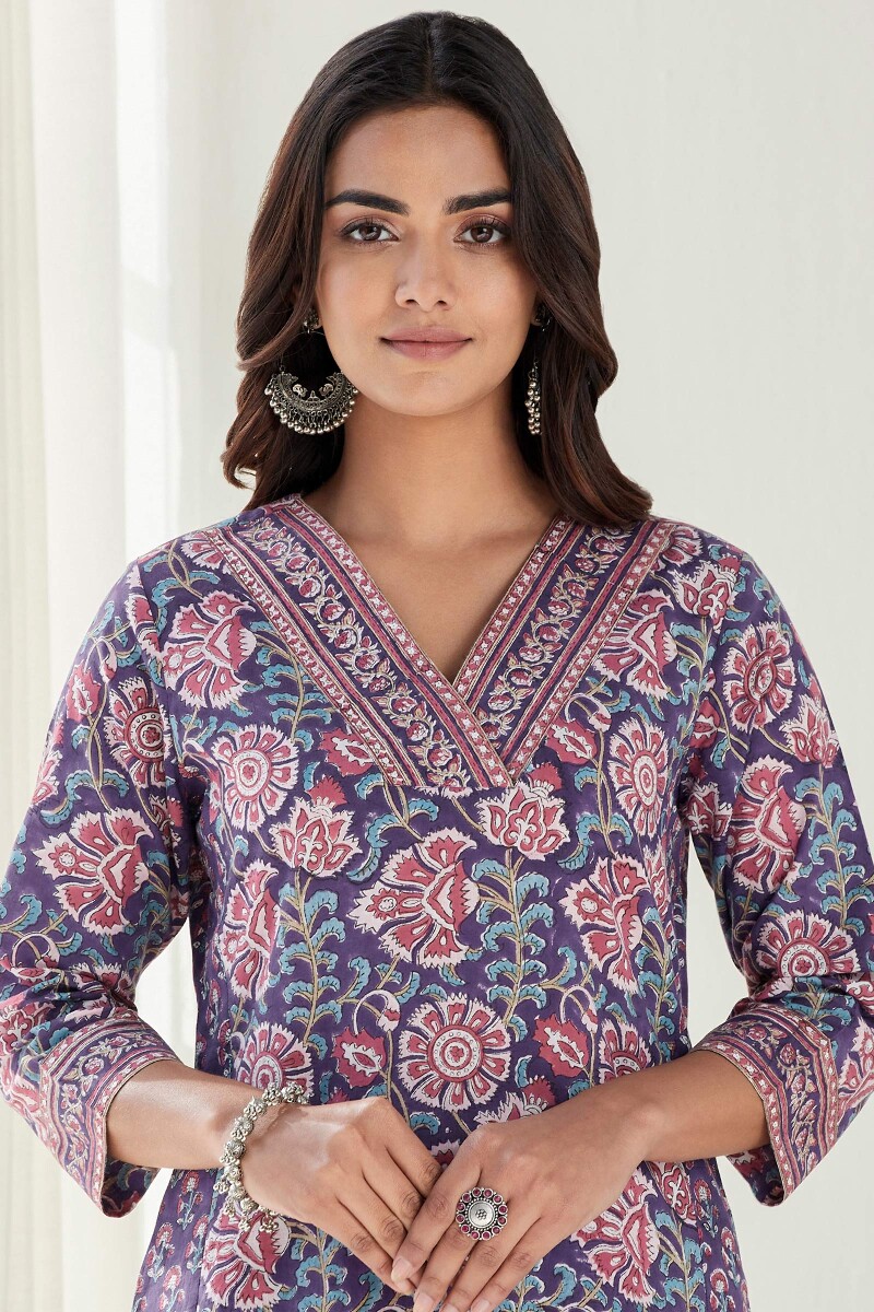Purple Hand Block Printed Straight Cotton Kurta