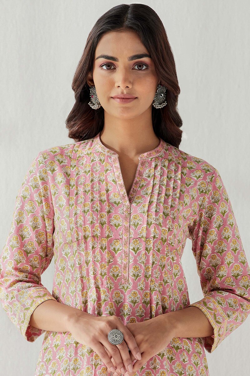 Pink Hand Block Printed Straight Cotton Flax Kurta