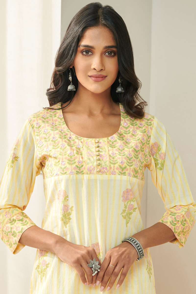 Yellow Hand Block Printed Straight Cotton Kurta