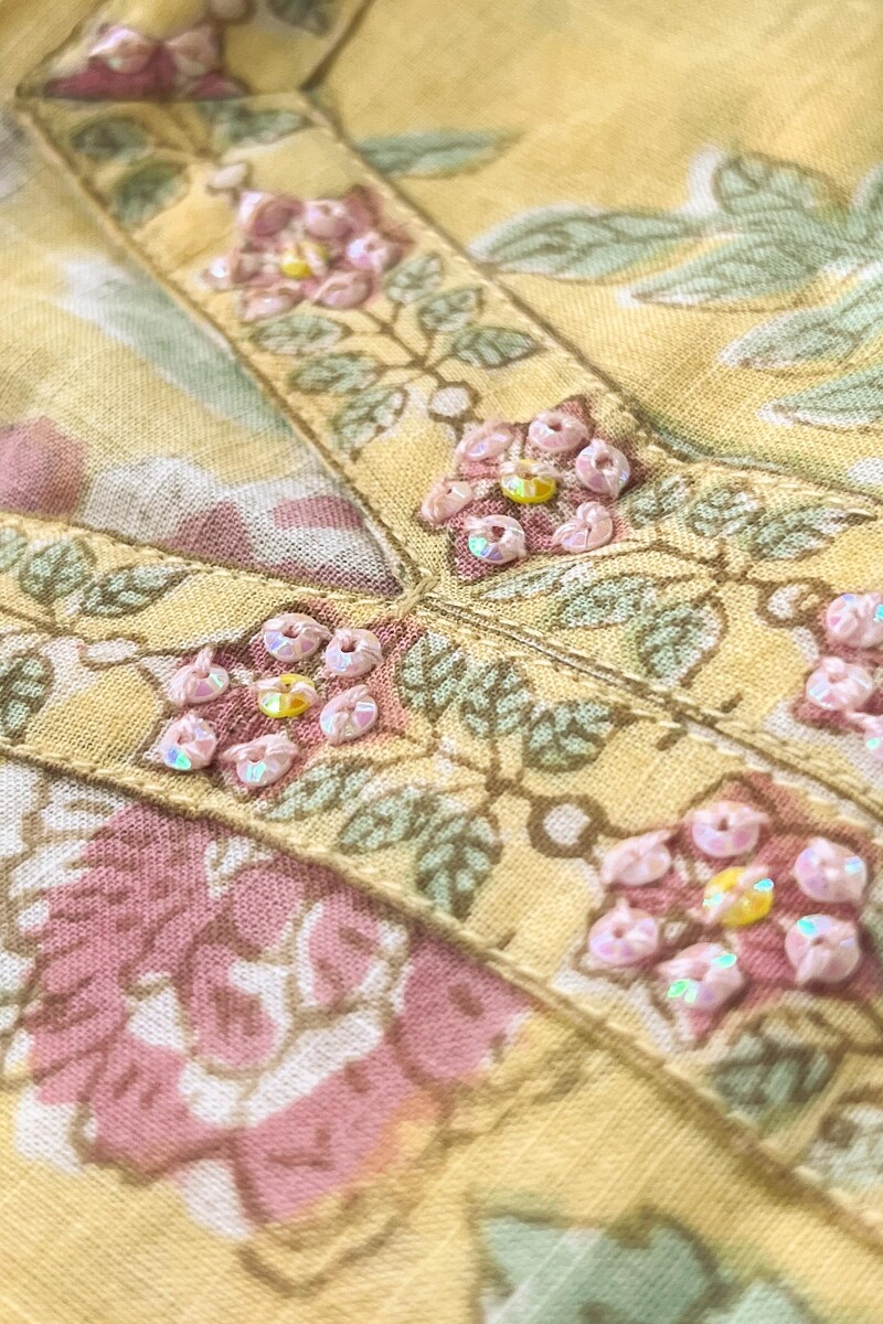 Yellow Hand Block Printed Straight Cotton Slub Kurta