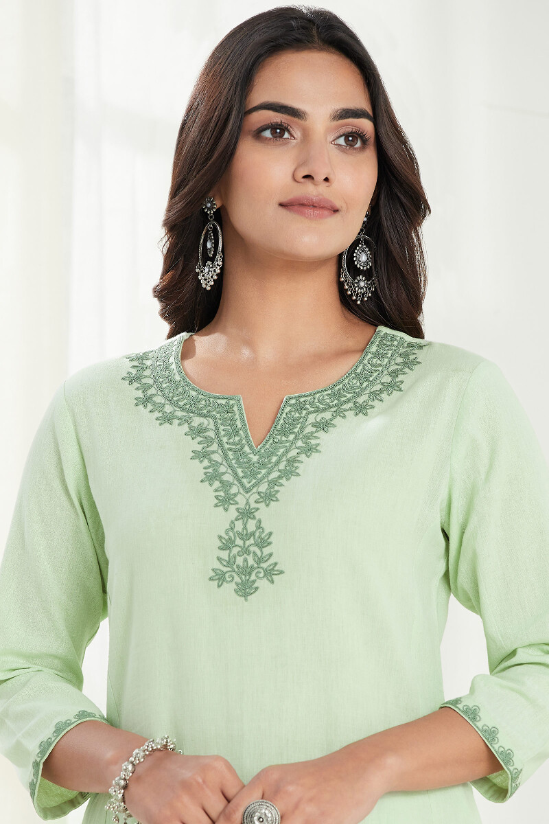 Green Handcrafted Straight Cotton Flax Kurta