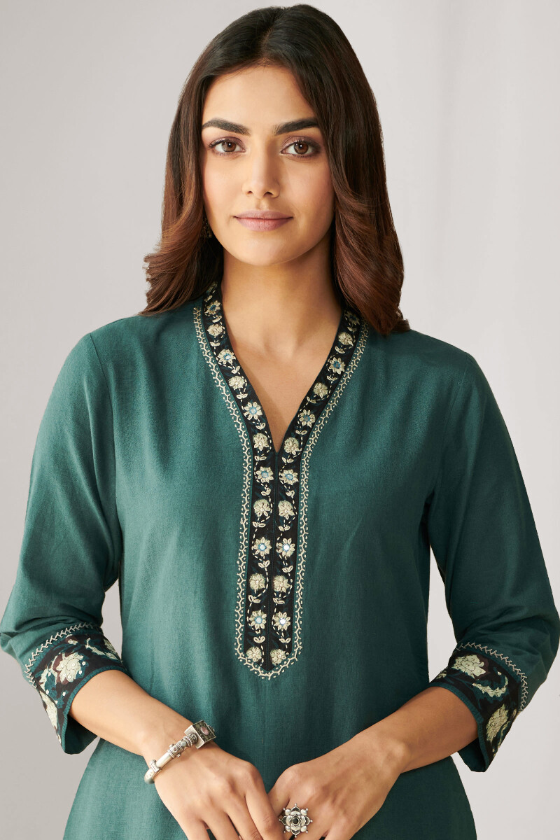 Teal Blue Hand Block Printed Straight Handloom Kurta