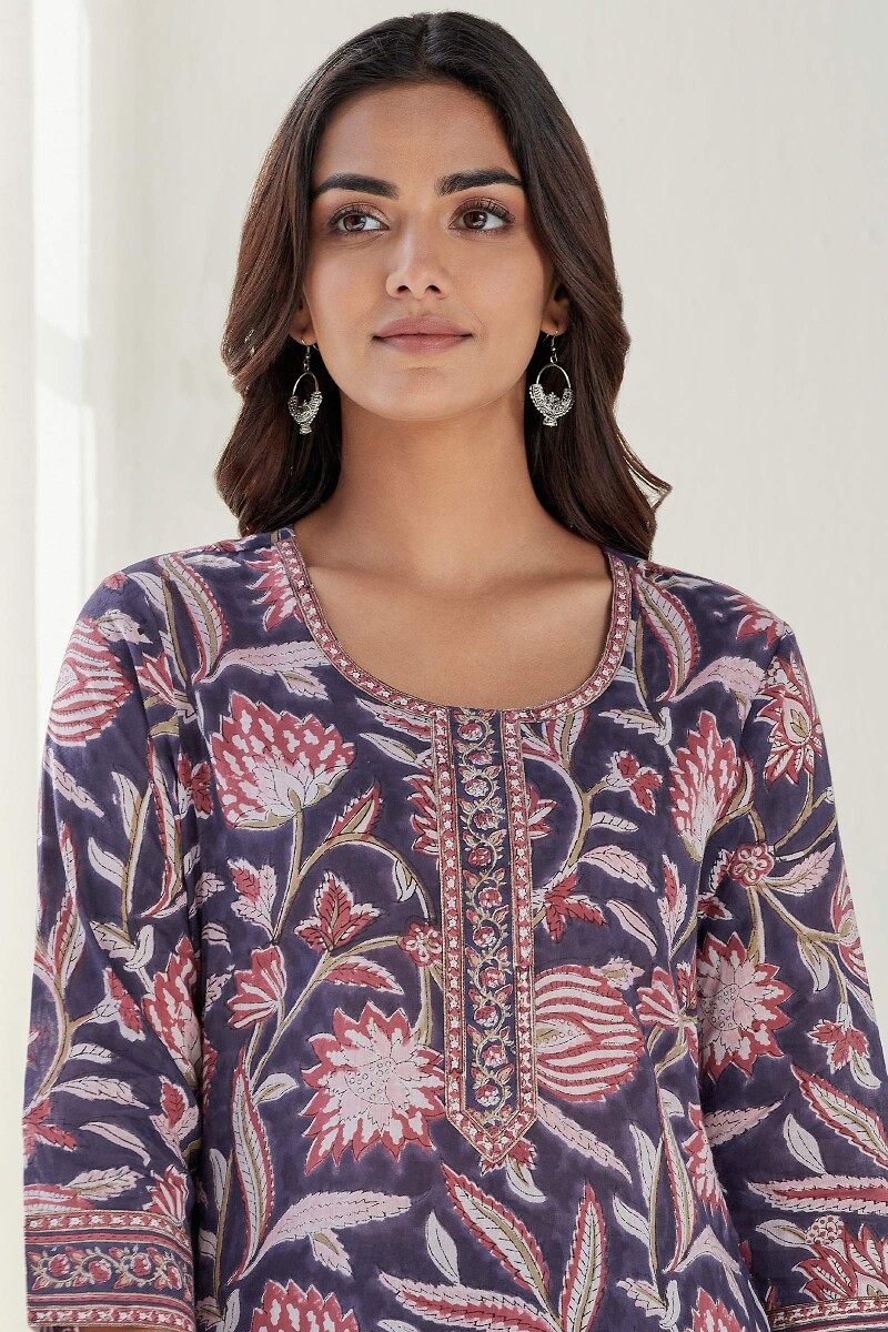 Purple Hand Block Printed Straight Cotton Mul Kurta