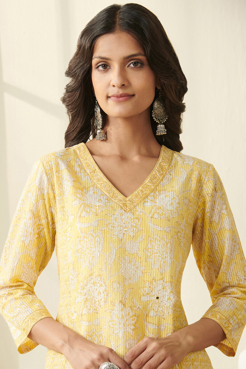 Yellow Hand Block Printed Straight Cotton Dobby Kurta