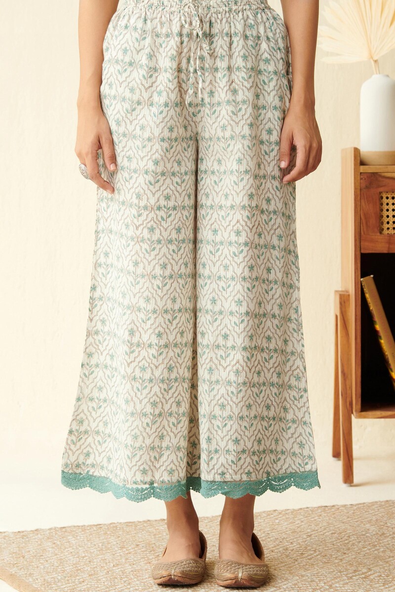 Off-White Hand Block Printed Dobby Palazzos