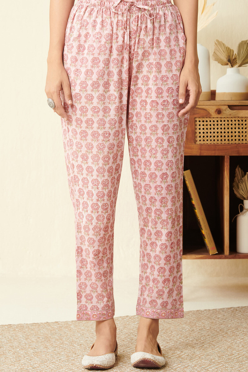 Pink Hand Block Printed Cotton Narrow Pants