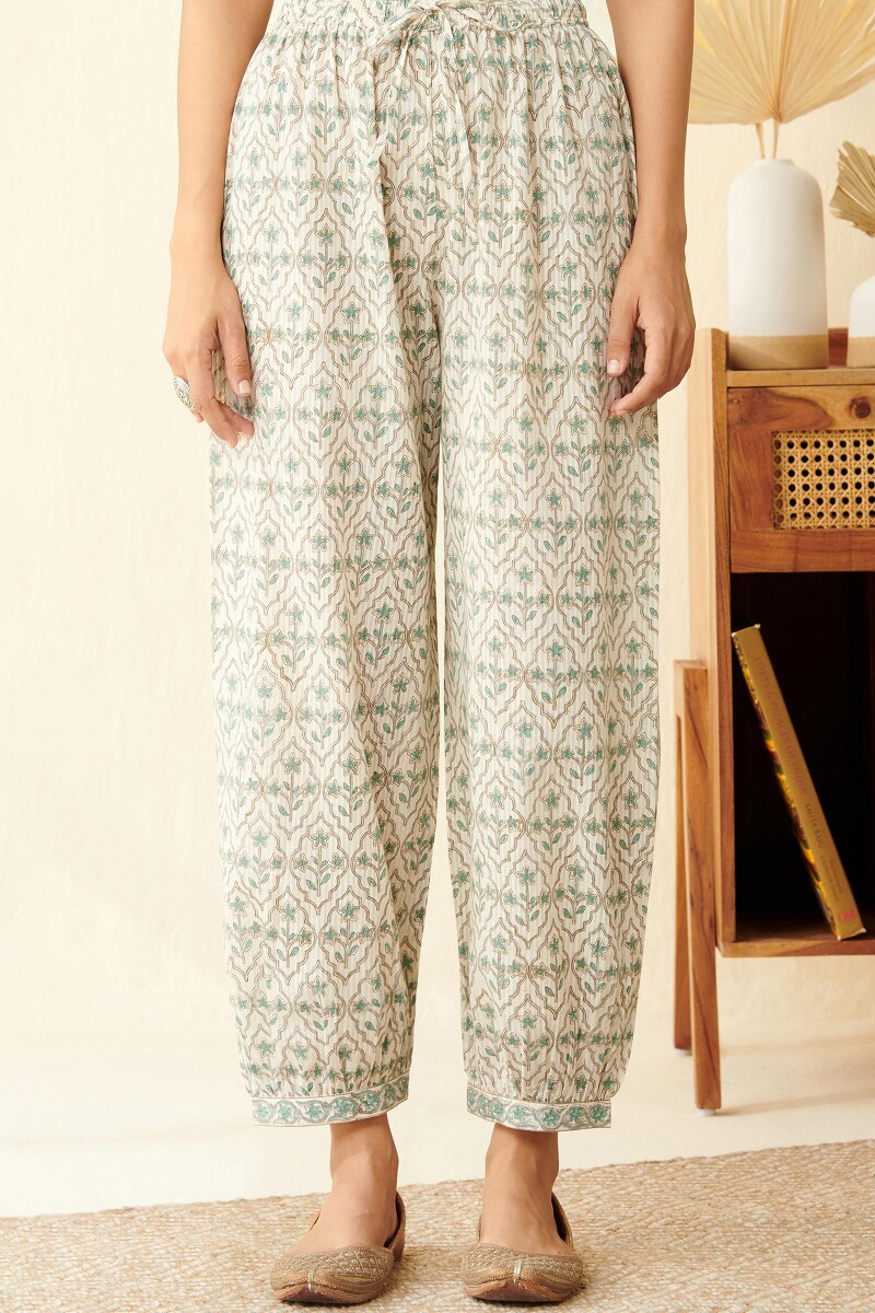 Off-White Hand Block Printed Dobby Izhaar Pants