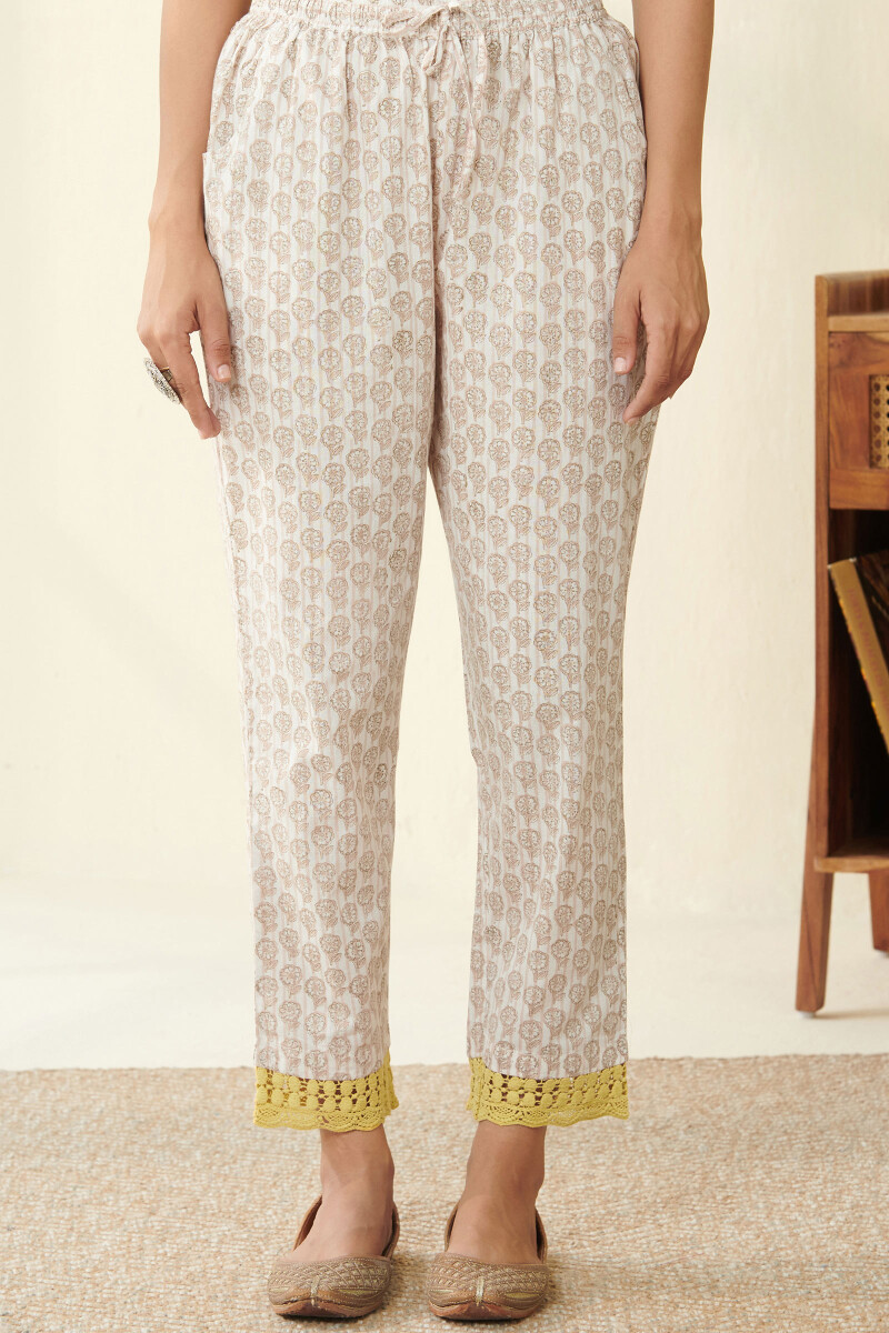 Off-White Hand Block Printed Cotton Narrow Pants