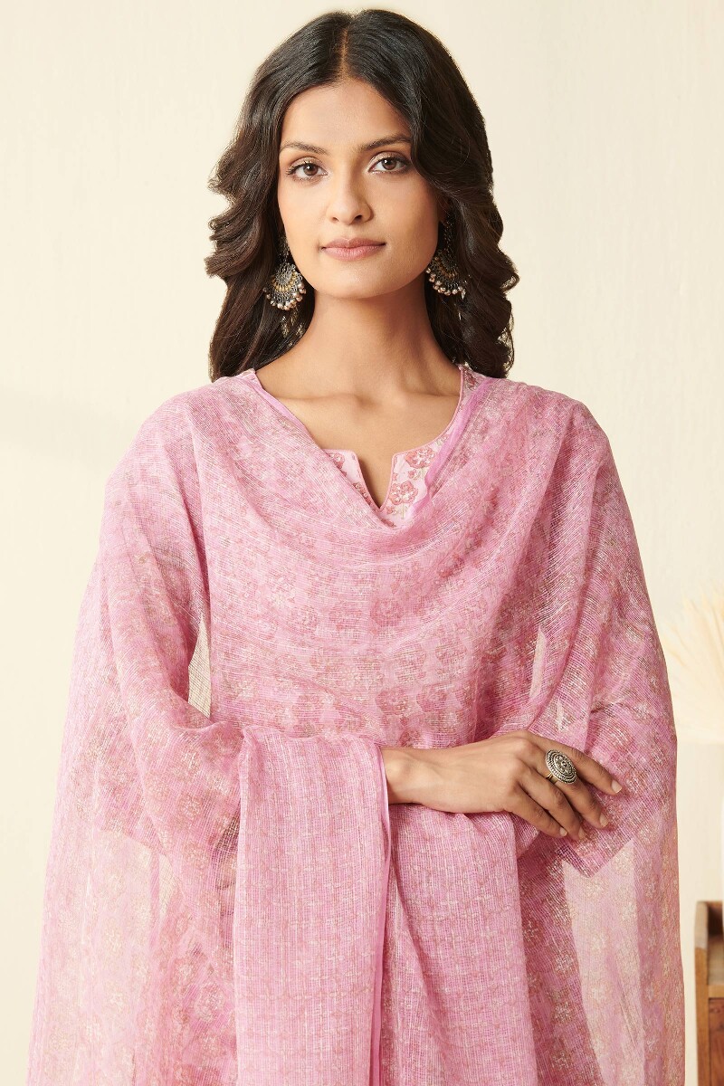 Pink Hand Block Printed Kota Dupatta