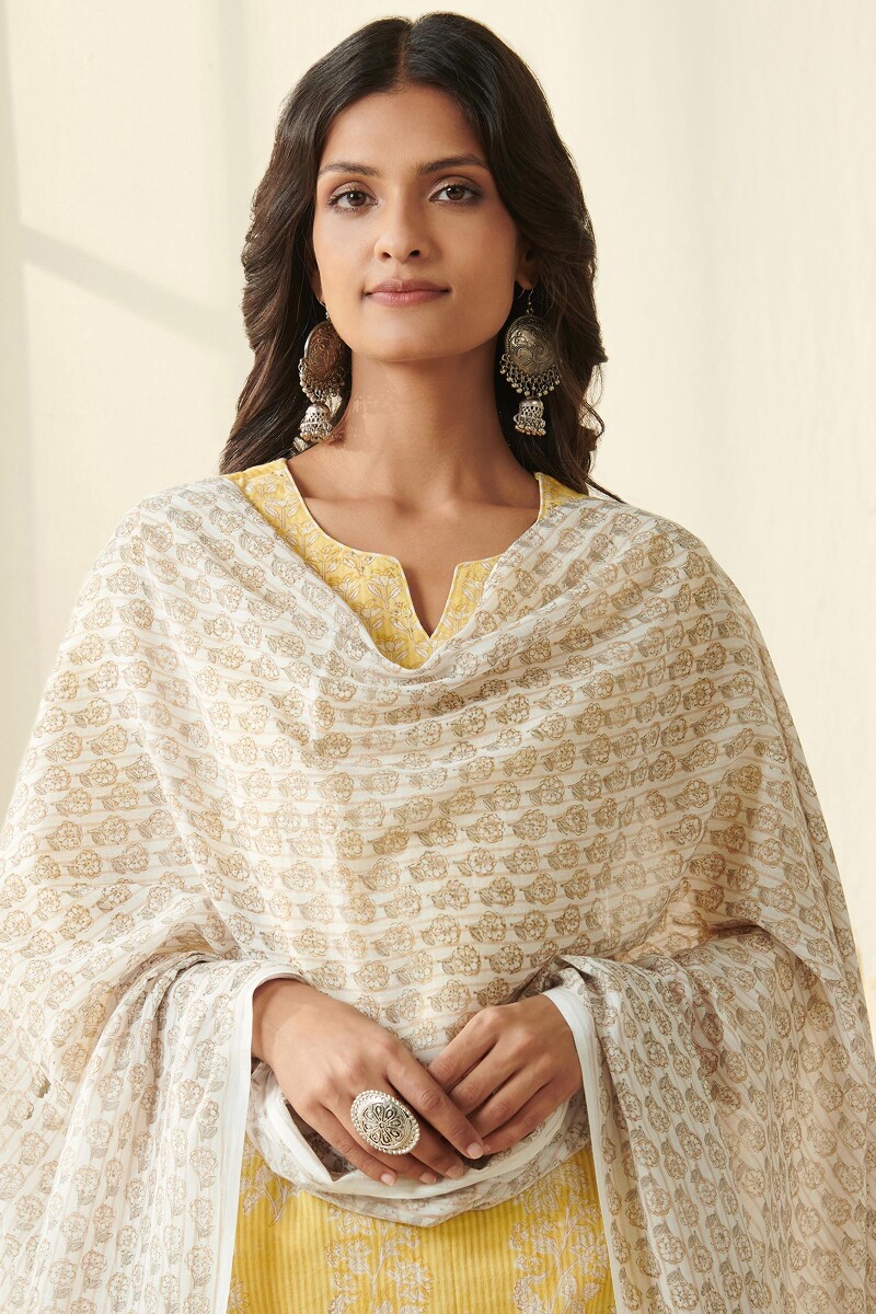 Off-White Hand Block Printed Cotton Mul Dupatta