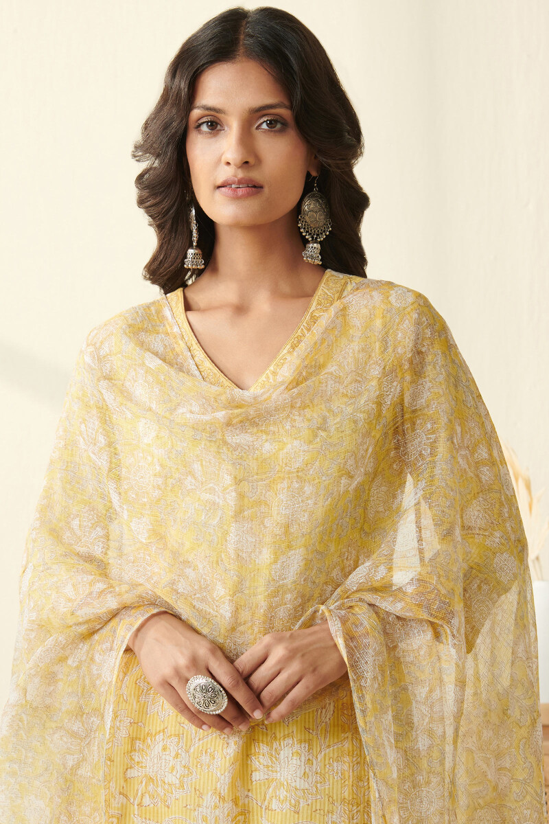 Yellow Hand Block Printed Kota Dupatta