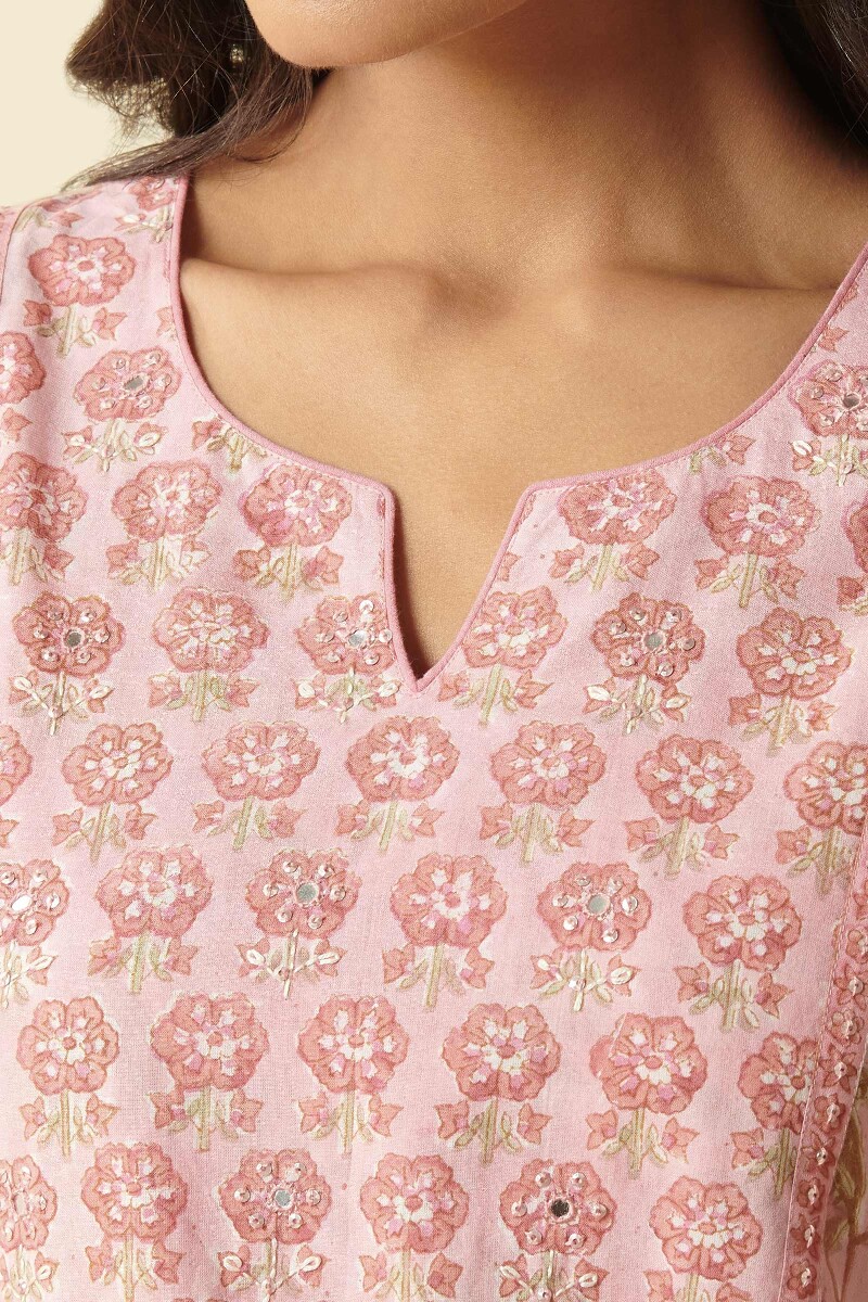 Pink Hand Block Printed Straight Cotton Kurta