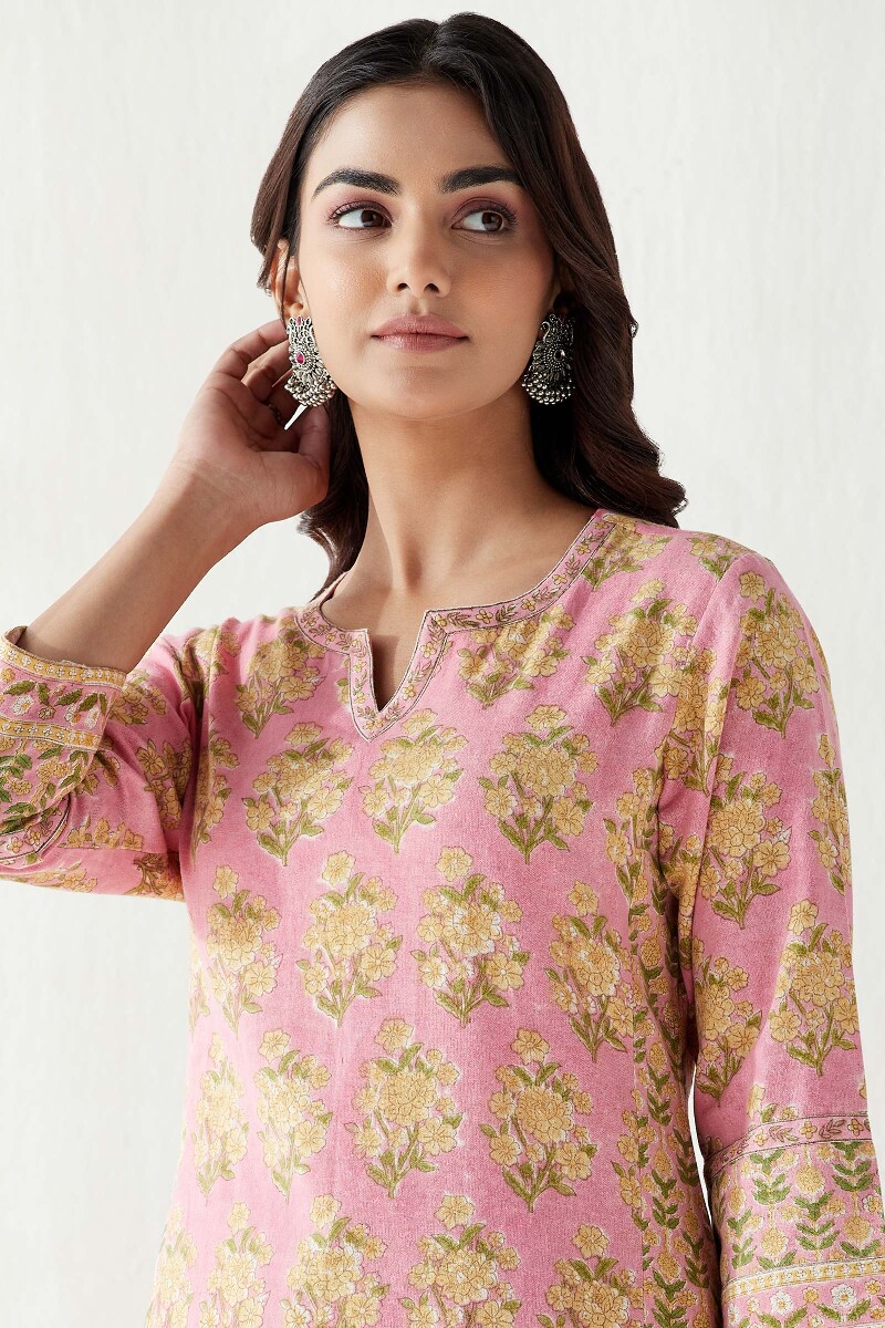 Pink Hand Block Printed Straight Cotton Flax Kurta