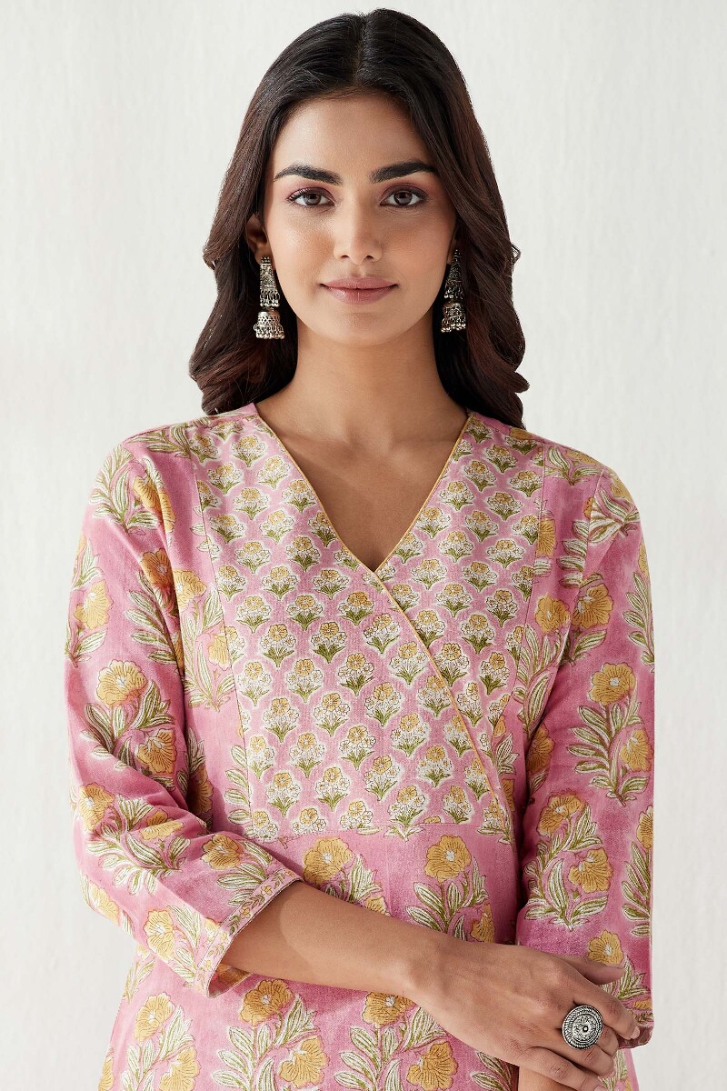 Pink Hand Block Printed Straight Cotton Flax Kurta