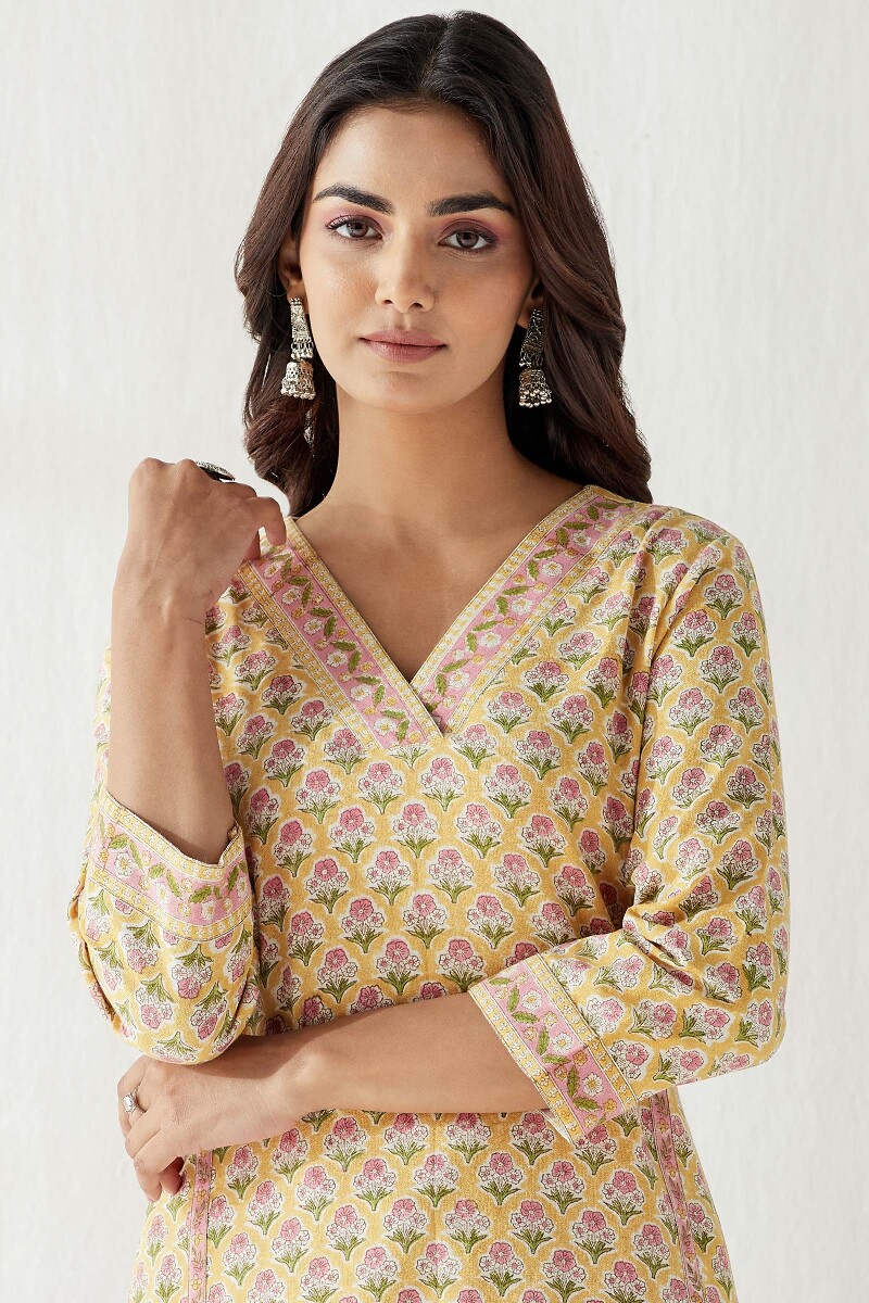 Yellow Hand Block Printed Straight Cotton Flax Kurta