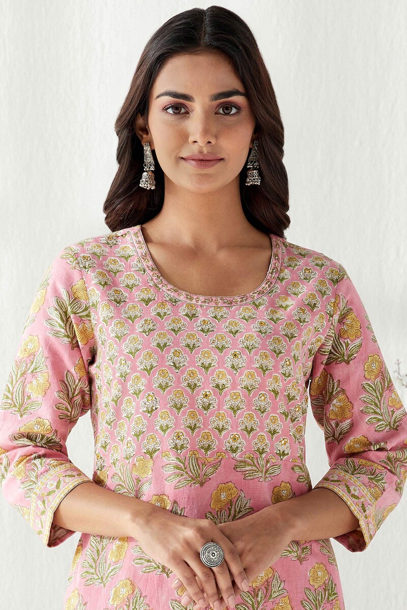 Pink Hand Block Printed Straight Cotton Flax Kurta