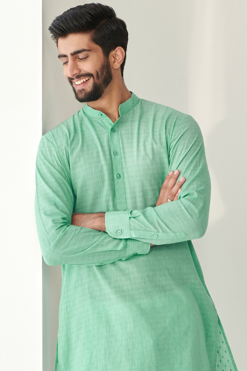 Green Handcrafted Cotton Dobby Kurta