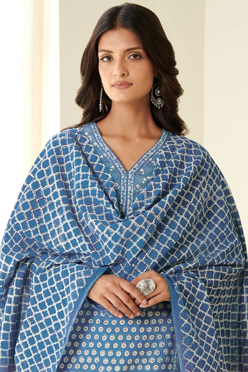 Indigo Hand Block Printed Cotton Mul Dupatta