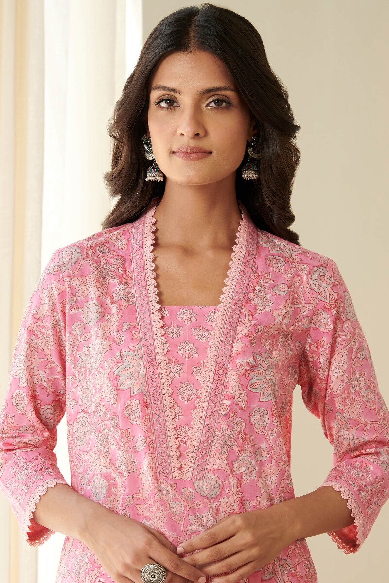 Pink Hand Block Printed Straight Cotton Kurta